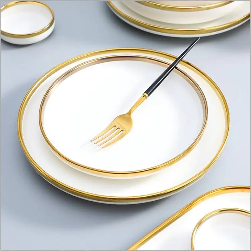 Matte Gilt Rim White Porcelain Dinner Tray Ceramic Dishes