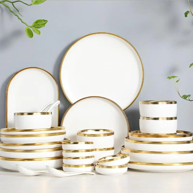 Matte Gilt Rim White Porcelain Dinner Tray Ceramic Dishes